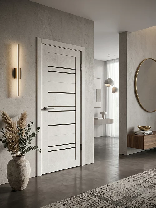 Фото Дверь FlyDoors Барн B02 бетон светлый, ПВХ, черное стекло – купить в Красноярске: цена, описание, фото. Интернет-магазин. 1