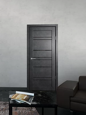 Дверь FlyDoors Барн B02 бетон темный, ПВХ, черное стекло