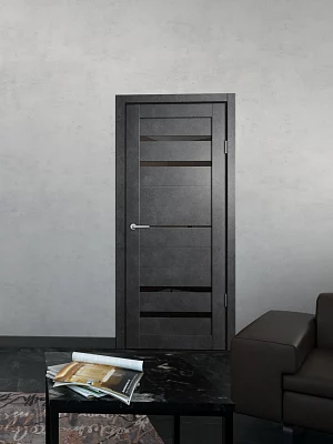 Дверь FlyDoors Барн B03 бетон темный, ПВХ, черное стекло