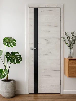 Дверь FlyDoors Фьюжн FN01 (АБС-кромка черная) дуб арктик, ПВХ, черное стекло