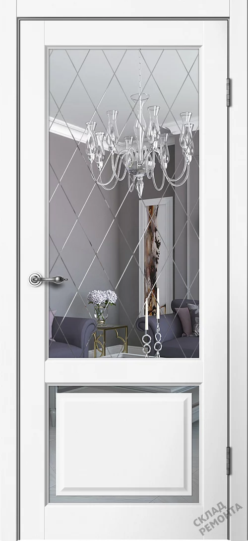 Фото Дверь FlyDoors Эстетик Е03 белый, эмалит, зеркало – купить в Красноярске: цена, описание, фото. Интернет-магазин. 1
