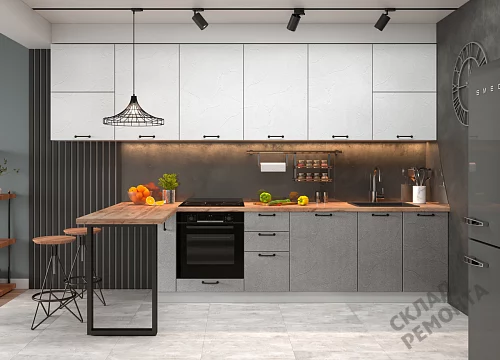 Фото Кухня ДСВ Лофт штукатурка белая/штукатурка серая – купить в Красноярске: цена, описание, фото. Интернет-магазин 2