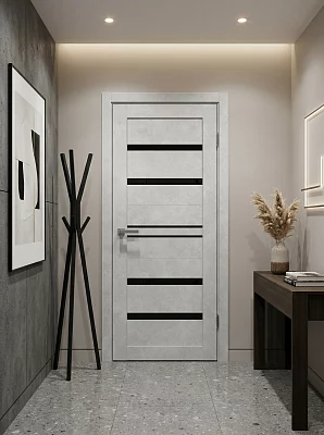 Дверь FlyDoors Барн B01 бетон светлый, ПВХ, черное стекло